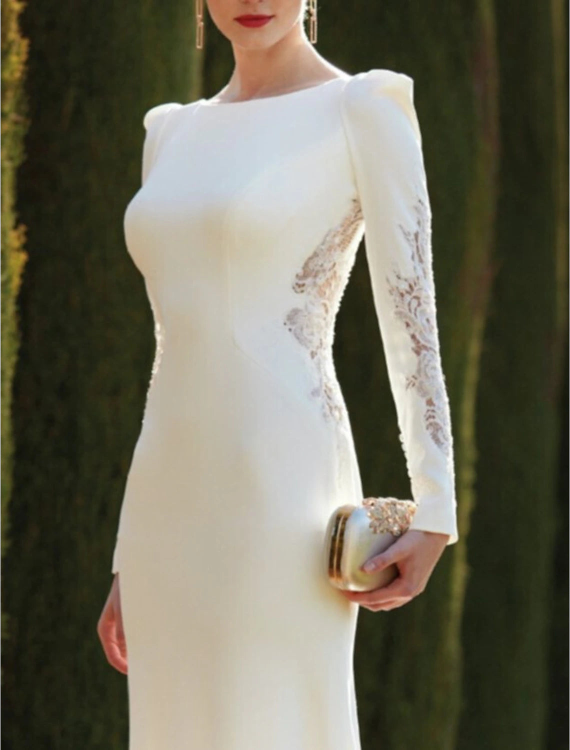 Hall Open Back Royal Style Formal Fall Wedding Dresses Mermaid / Trumpet Scoop Neck Long Sleeve Sweep / Brush Train  Fabric Bridal Gowns With Solid Color Summer Party