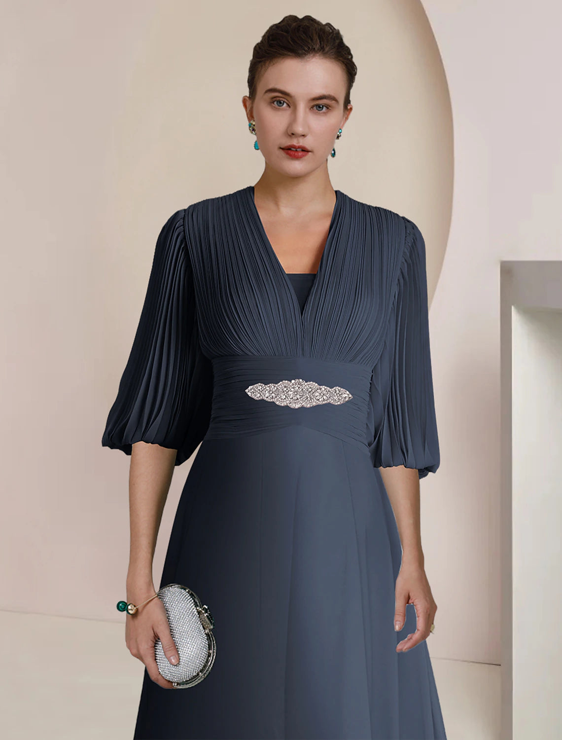 Dark Navy Chiffon A-Line Asymmetrical Evening Dress with Pleated V-Neck Bodice