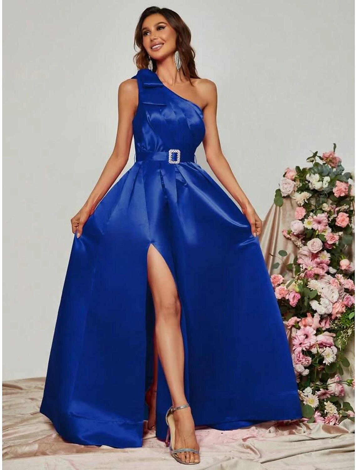Black Satin One Shoulder A-Line Floor-Length Evening Dress