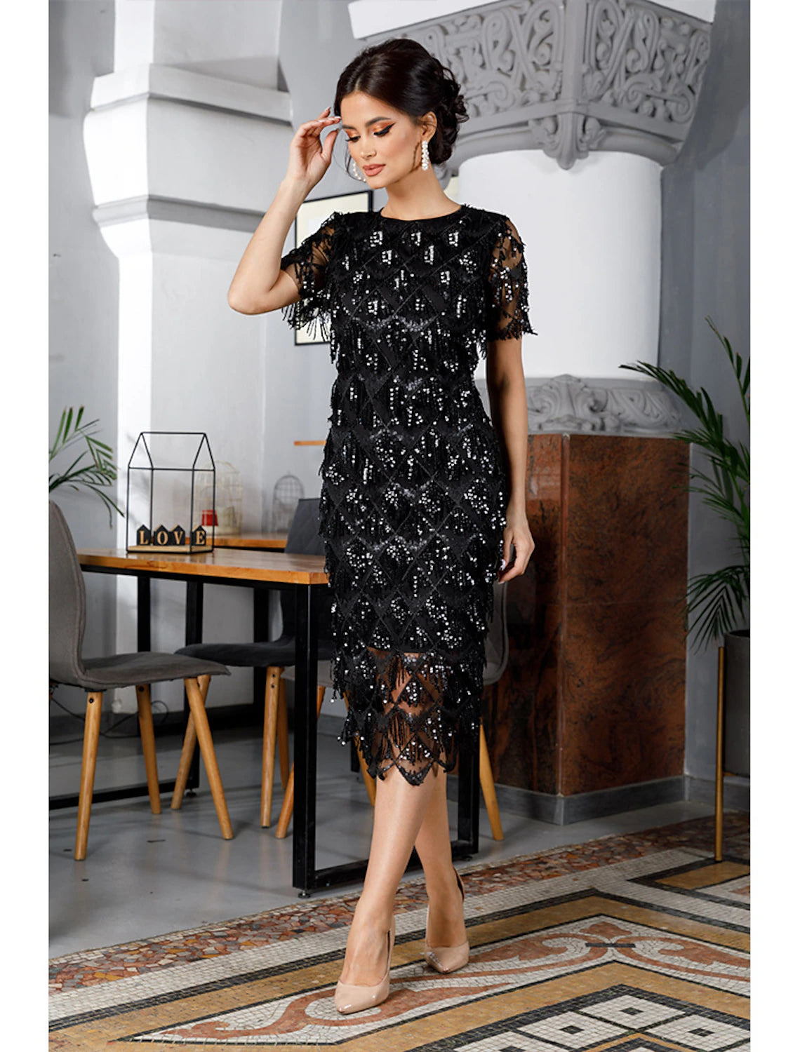 Black Sequin Sheath/column Midi Dress with Scoop Neck & Fringe for Evening Parties & Formal Events