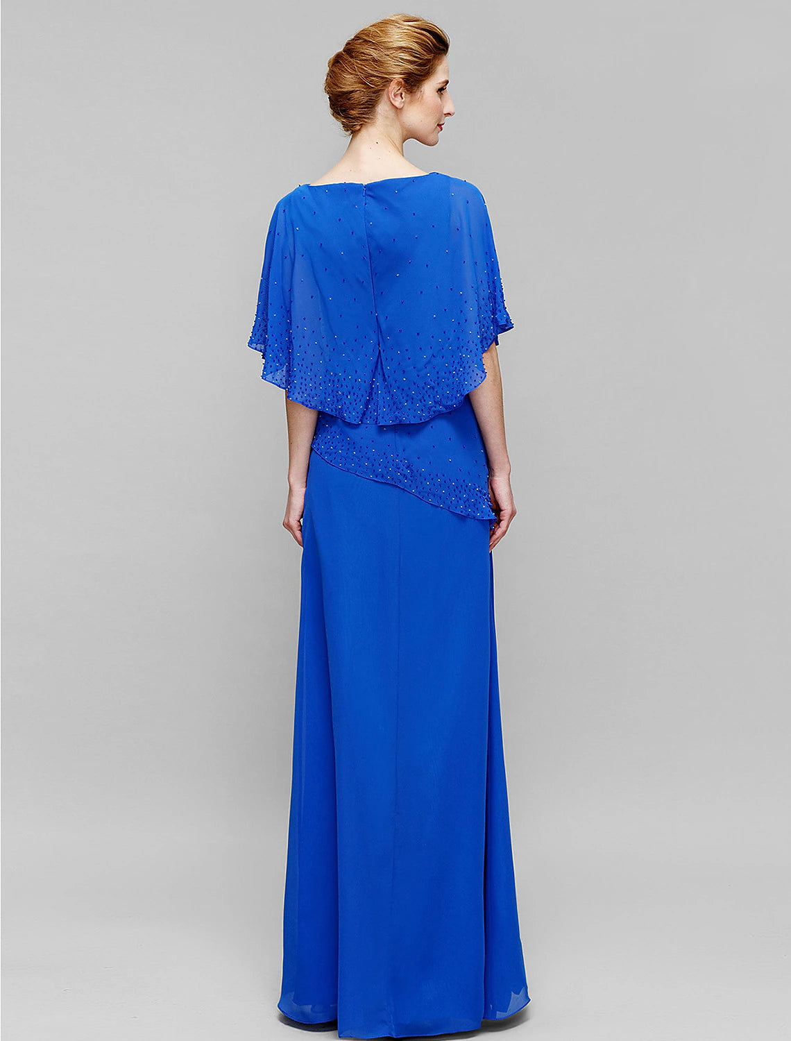 Vestido de madre de la novia elegante con escote barco, largo hasta el suelo, de gasa, sin mangas y con cuentas.