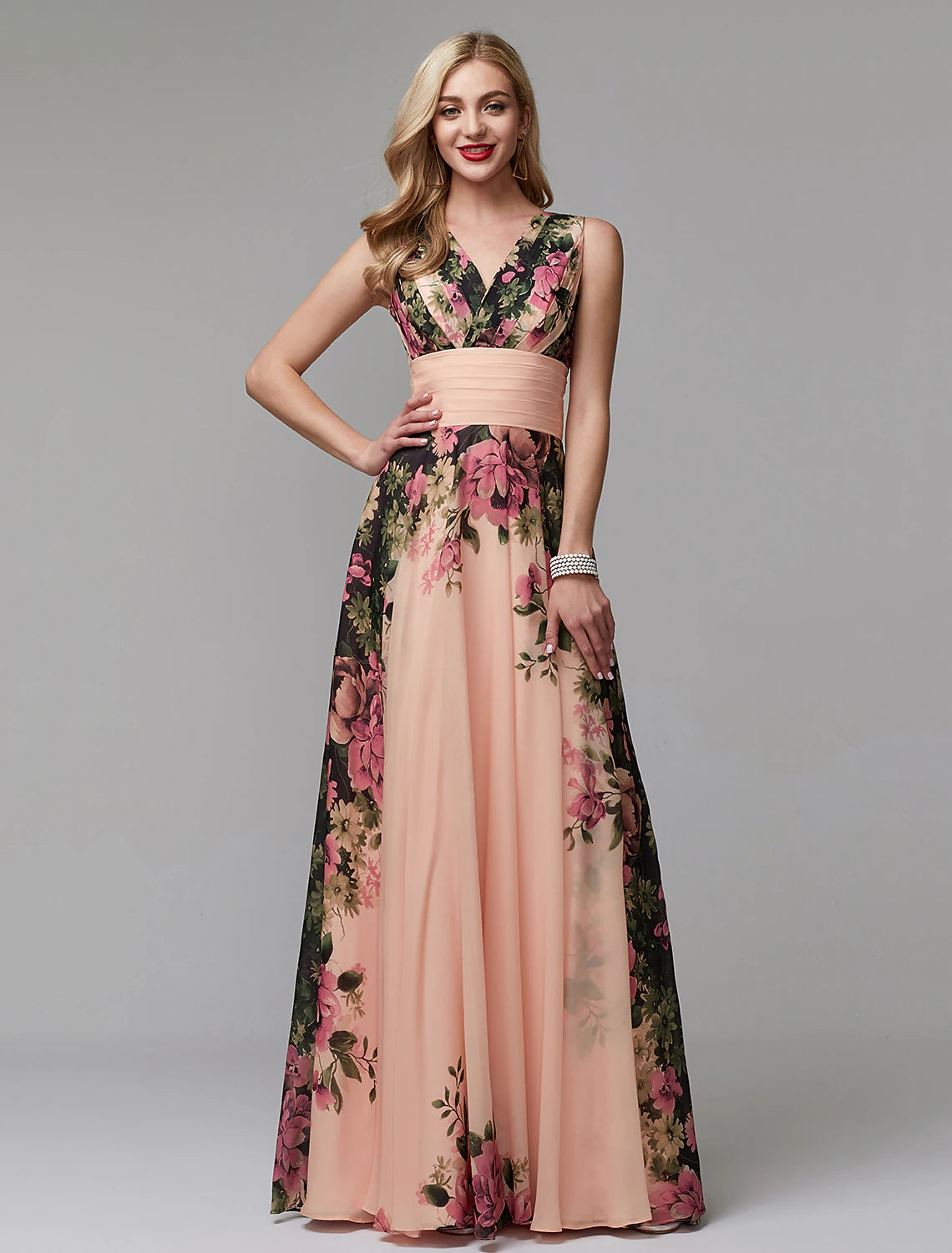 Blushing Pink Floral Chiffon A-Line V-Neck Floor-Length Bridesmaid Dress | Wedding Guest, Prom & Formal Gown