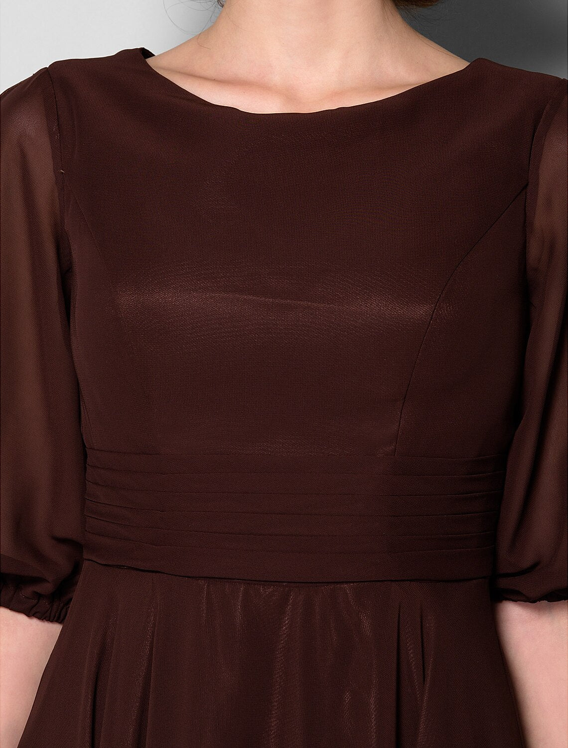 Abito da madre della sposa a trapezio, elegante, con scollo gioiello, lunghezza alla caviglia, in chiffon, mezza manica, con fascia/nastro arricciato