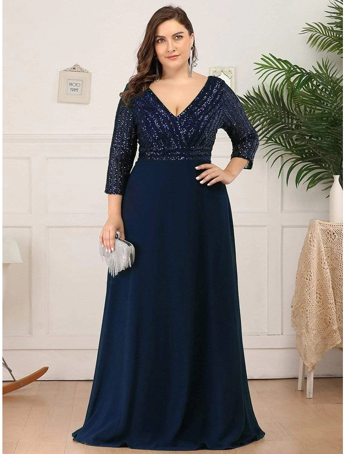 Teal Sequin & Chiffon A-Line V-Neck Floor-Length Gown