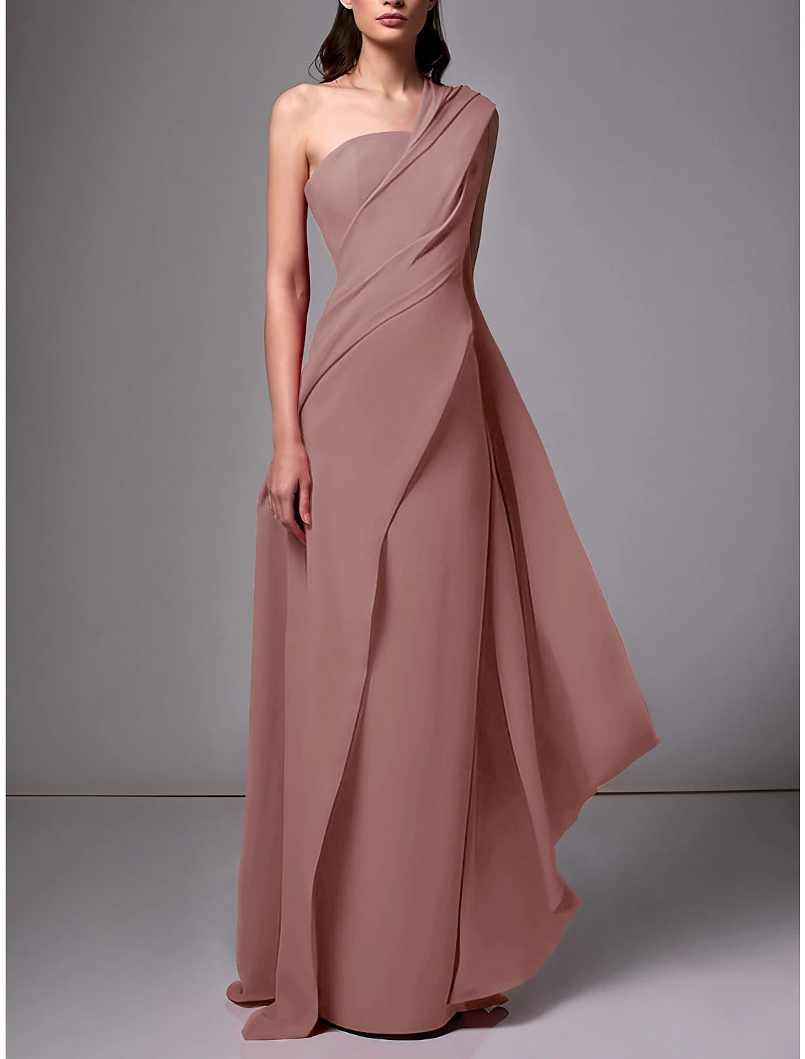 Sheath Elegant Dress Formal Sweep/Brush Train Sleeveless One Shoulder Neck Chiffon with Pleats Ruched Evening Gown