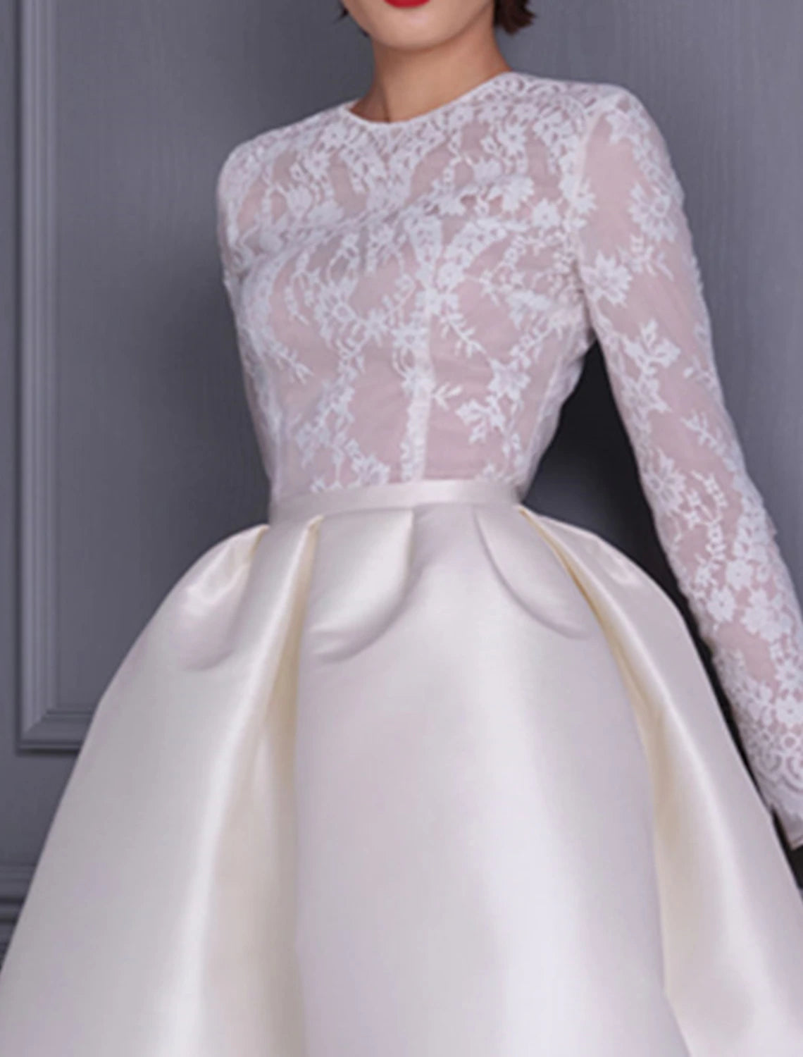 Vestidos de cóctel de corte A, elegantes, para bodas, fiestas, cumpleaños, hasta la rodilla, manga larga, cuello joya, para invitados de boda de otoño, satén con apliques y empalme.