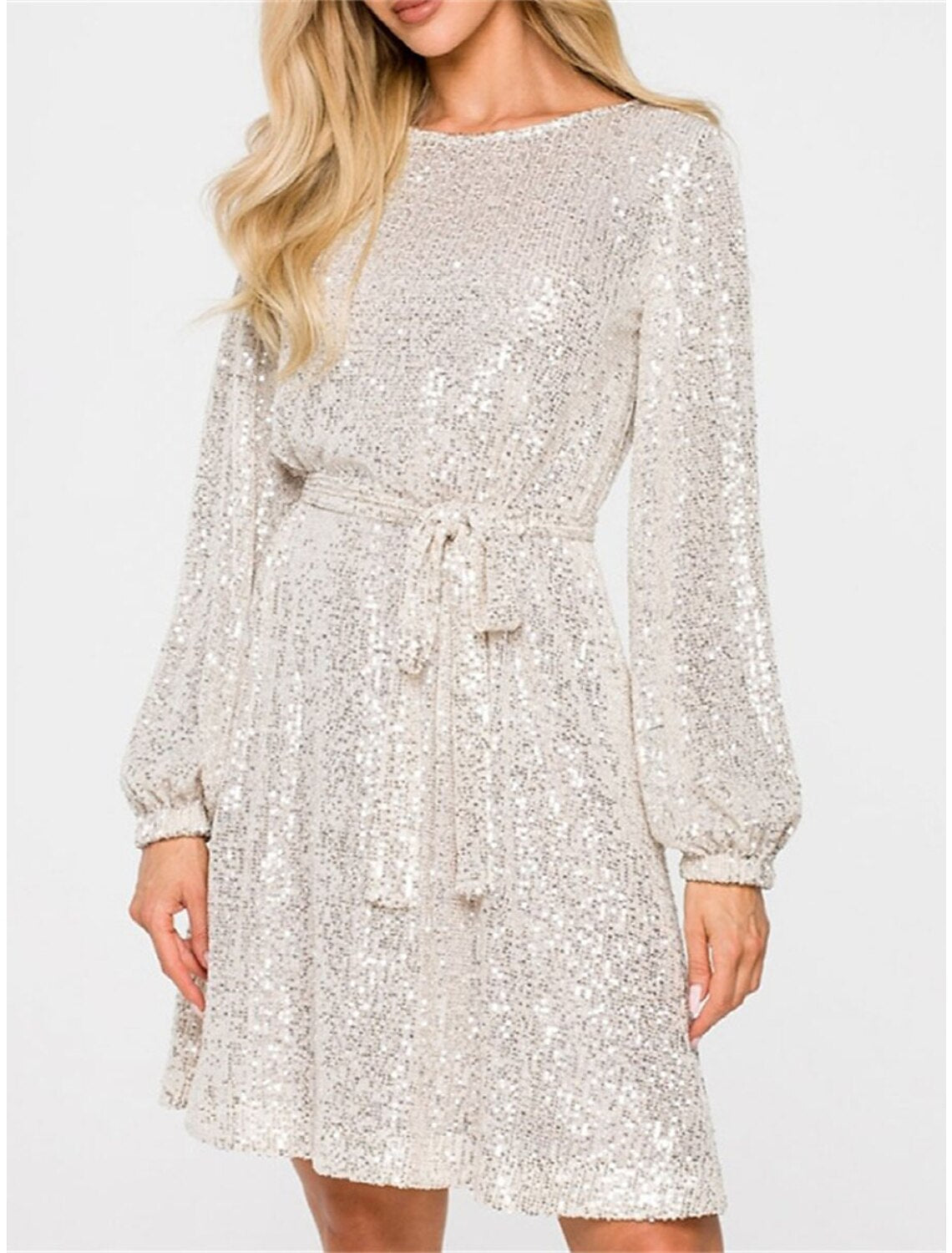 Abito da donna con paillettes nere, abito da festa, abito scintillante, abito da ballo, abito da cocktail, abito midi, nero champagne, manica lunga, glitter scintillanti, con lacci, autunno inverno, girocollo, da invitata a nozze