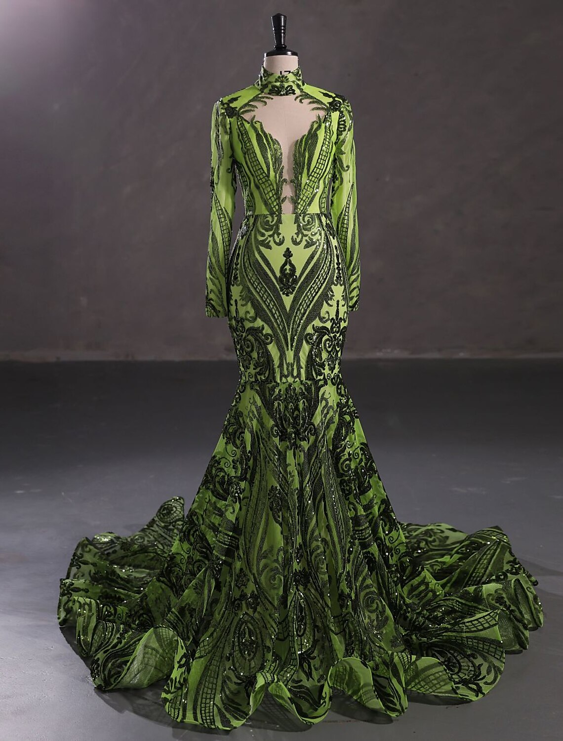 Vestido de fiesta de sirena, vestido de noche, vestido brillante y resplandeciente, vestido de carnaval, Navidad, rojo y verde, cola de corte, manga larga, cuello alto, encaje con lentejuelas