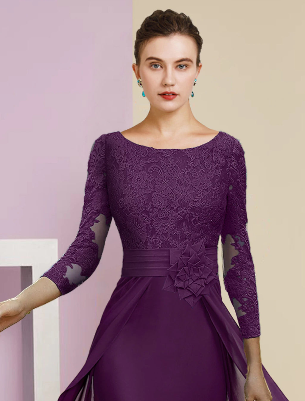 Plum Lace Chiffon Sheath/column Floor-Length Dress with Boat Neck and High Back