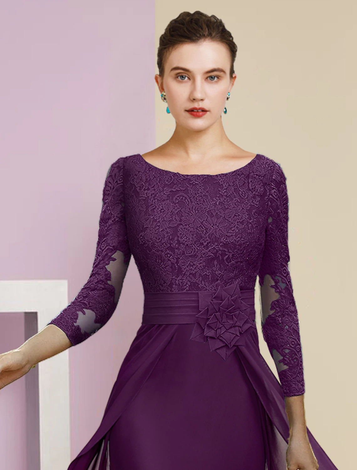 Plum Lace Chiffon Sheath/column Floor-Length Dress with Boat Neck and High Back