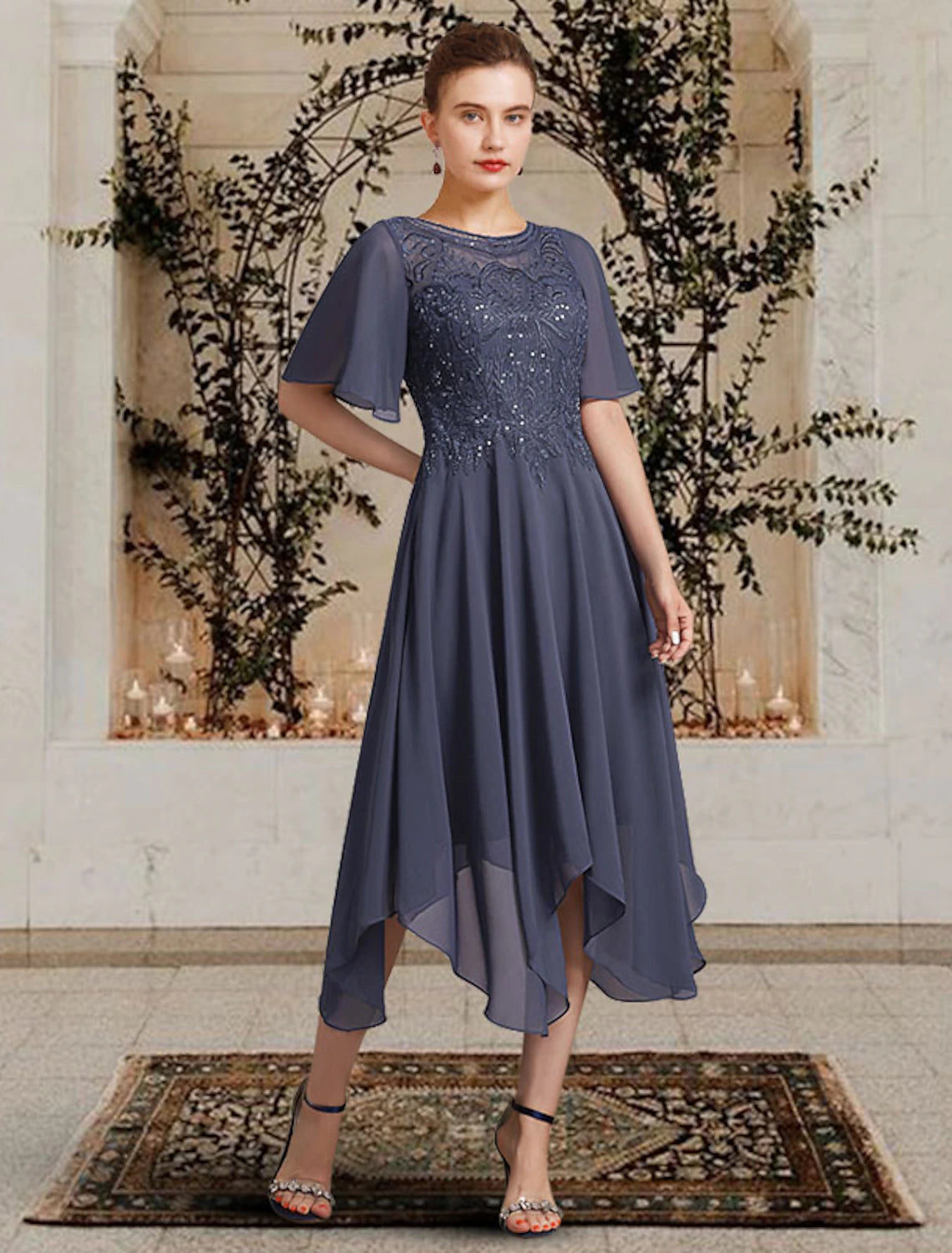 Slate Blue Chiffon A-Line Midi Evening Dress with Embroidered Bodice & Asymmetrical Hem