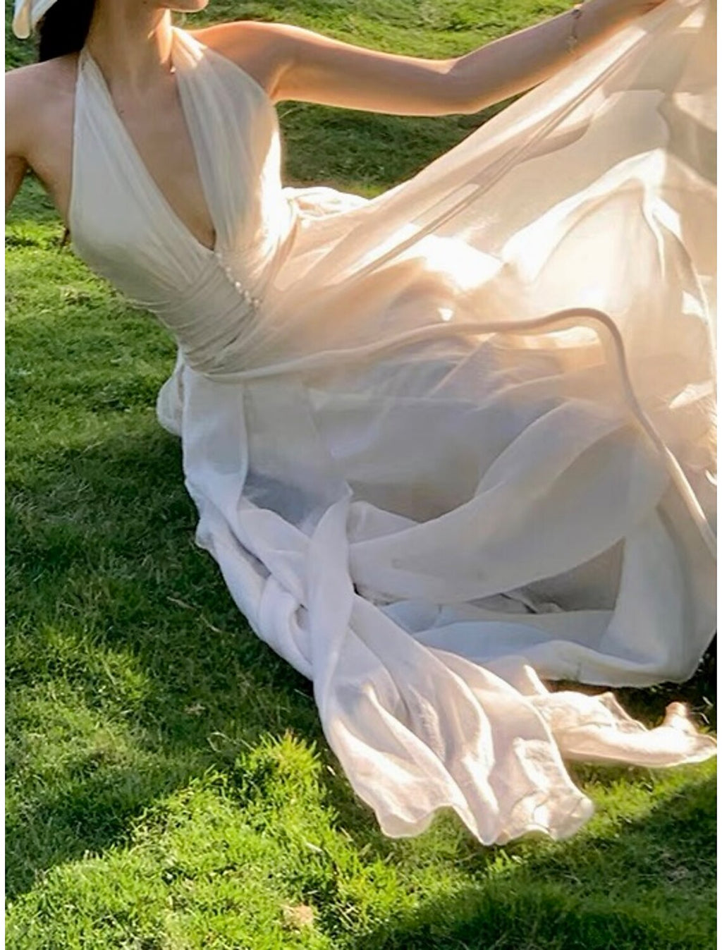 Ivory Chiffon A-Line Ankle-Length Halter V-neck Backless Dress