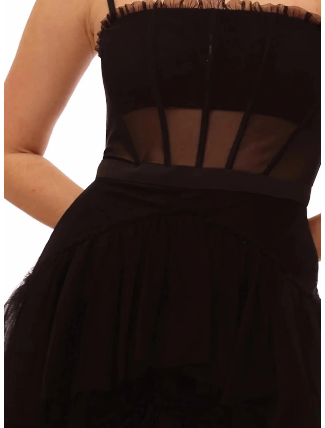 Black Tiered Tulle Floor-Length Evening Dress with Straight Neck