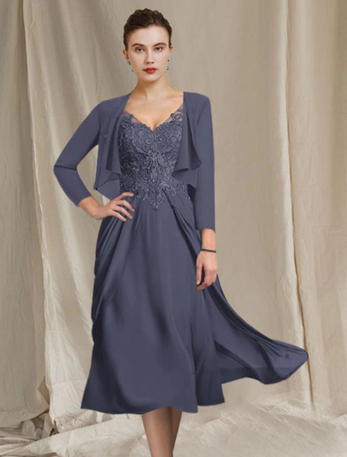 Slate Blue A-Line Tea-Length Mother of the Bride Dress with Lace Bodice