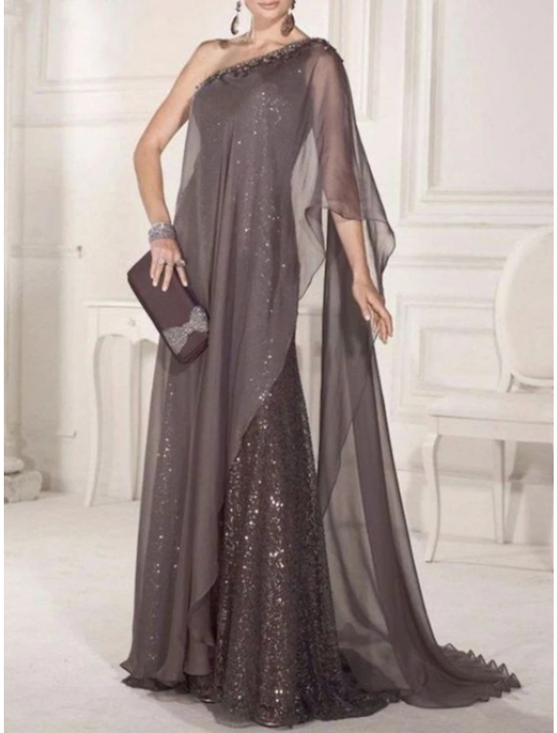 Sheath Mother of the Bride Dress Cape Dress Wedding Guest Elegant Party Sparkle & Shine One Shoulder Sweep / Brush Train Chiffon Lace Sleeveless with Pleats Sequin
