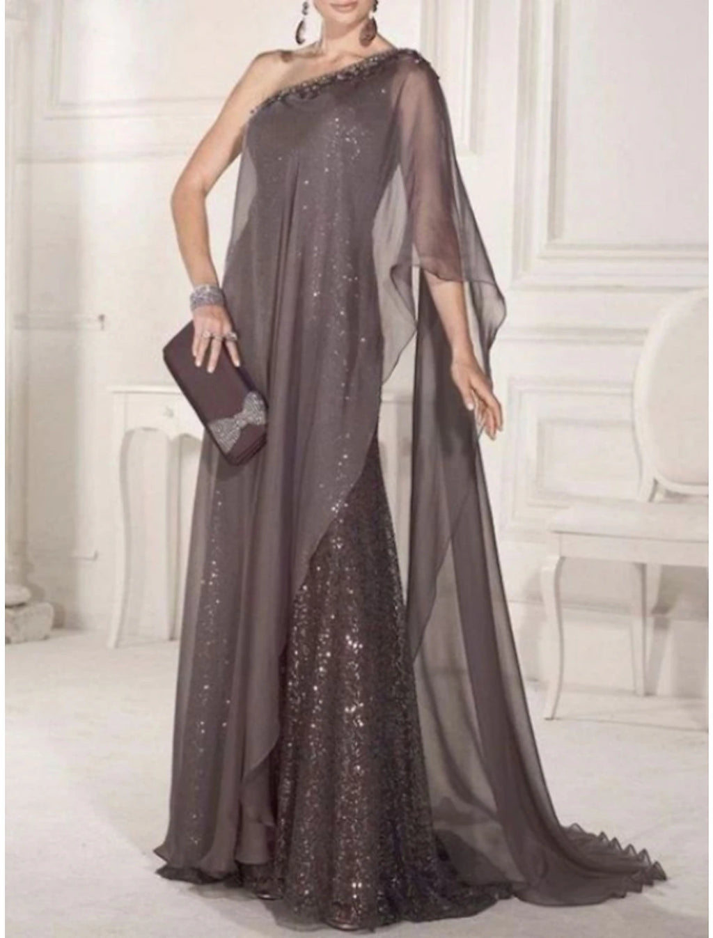 Vestido de madre de la novia, vestido de capa, vestido de invitada de boda, elegante, fiesta, brillo y resplandor, un hombro, cola larga/cepillo, gasa, encaje, sin mangas, con pliegues y lentejuelas