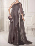 Vestido de madre de la novia, vestido de capa, vestido de invitada de boda, elegante, fiesta, brillo y resplandor, un hombro, cola larga/cepillo, gasa, encaje, sin mangas, con pliegues y lentejuelas
