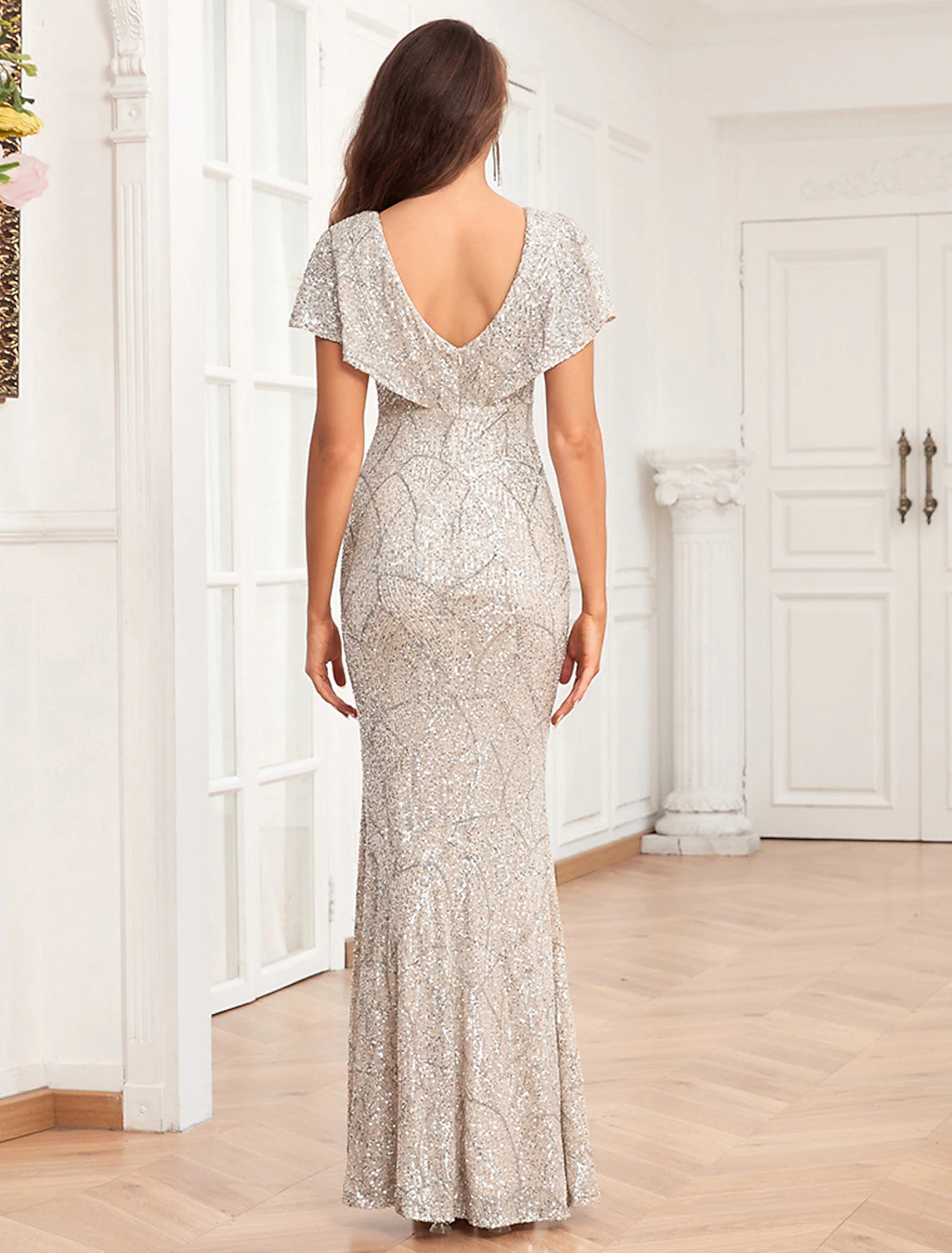 Vestido de noche elegante de sirena/trompeta, para fiesta de noche, graduación, largo hasta el suelo, manga corta, cuello en V, recepción de boda de otoño, espalda en V con lentejuelas