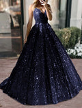 Dark Navy Glitter Fabric A-Line Sweetheart Floor-Length Evening Dress