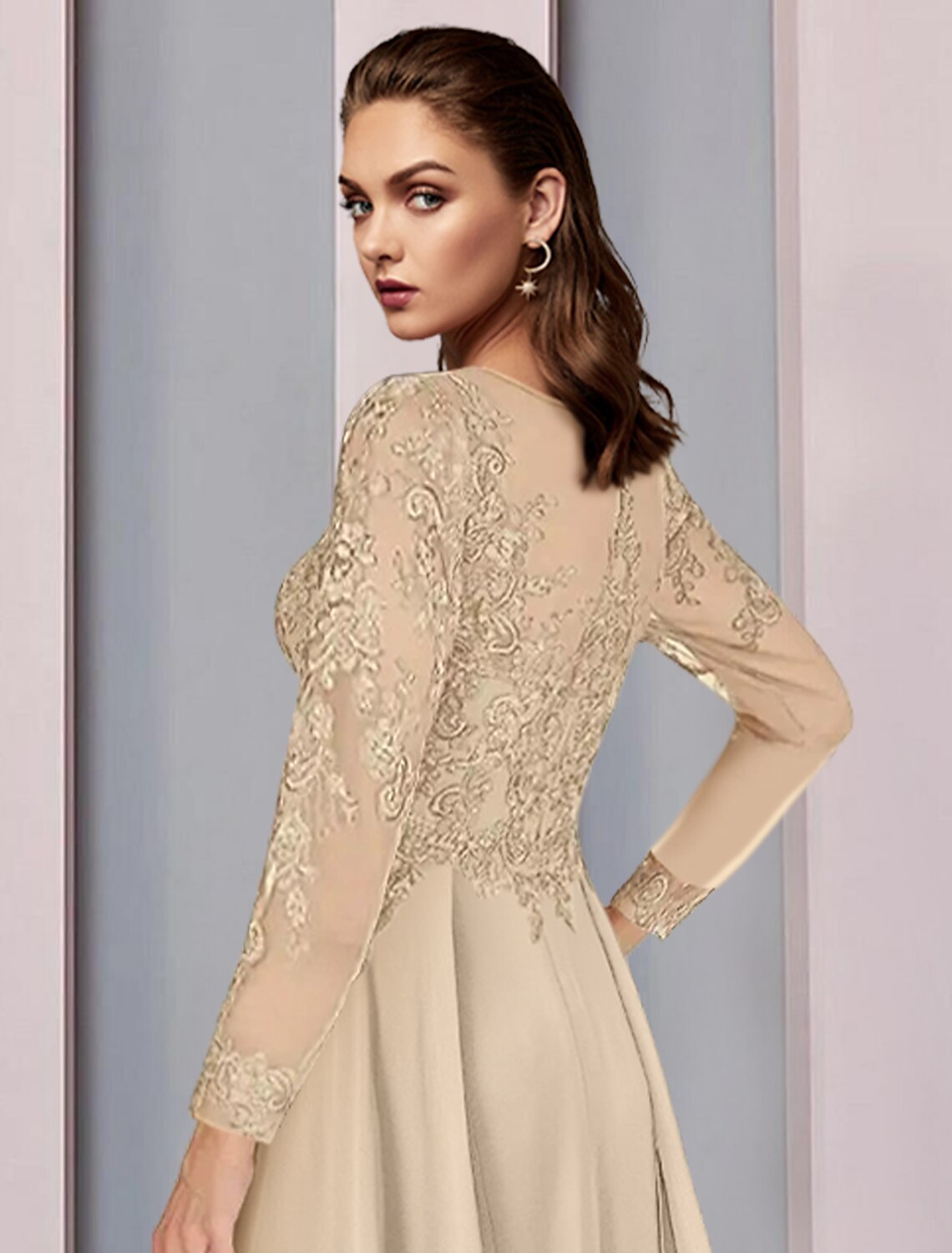 Champagne Chiffon A-Line Floor-Length Mother Of The Bride Dress with Lace Bodice