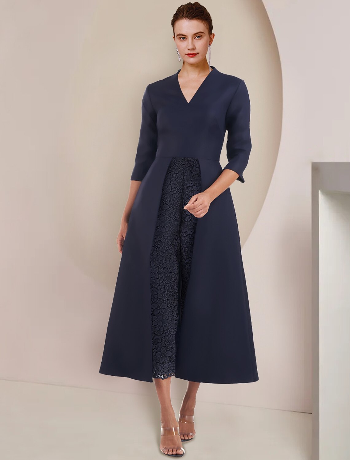 Dark Navy Crepe A-Line Tea-Length Evening Dress