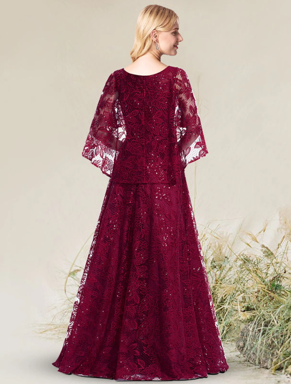 Abito da cerimonia elegante a trapezio con scollo a V, maniche corte, lunghezza pavimento, in pizzo con applicazioni, per invitati a nozze e compleanni