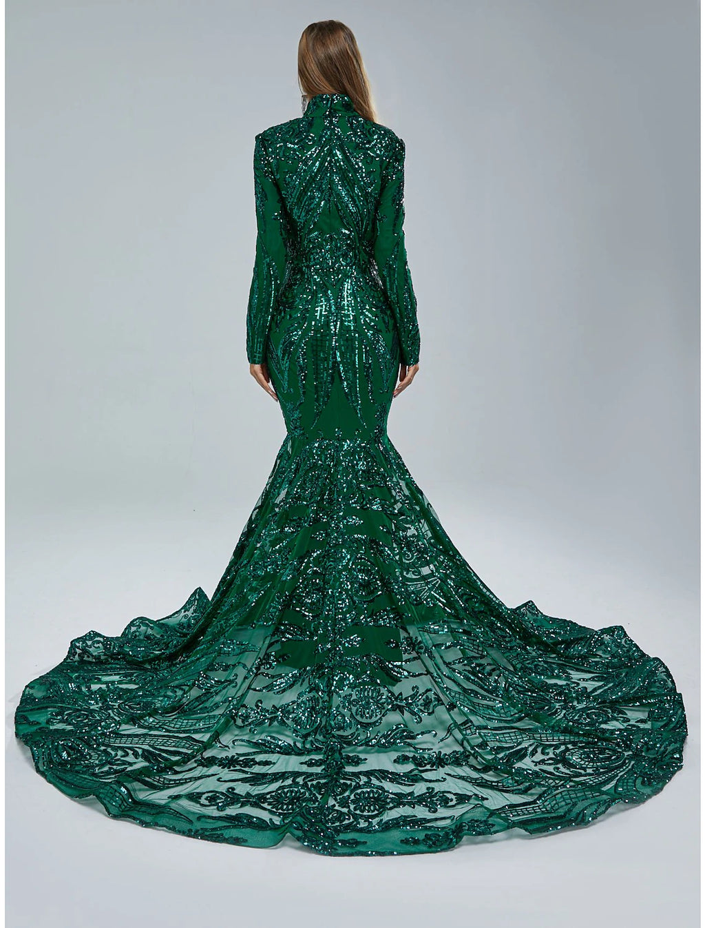 Emerald Sequin Mermaid Floor-Length Evening Dress with High Neck & Illusion Plunging V-neck