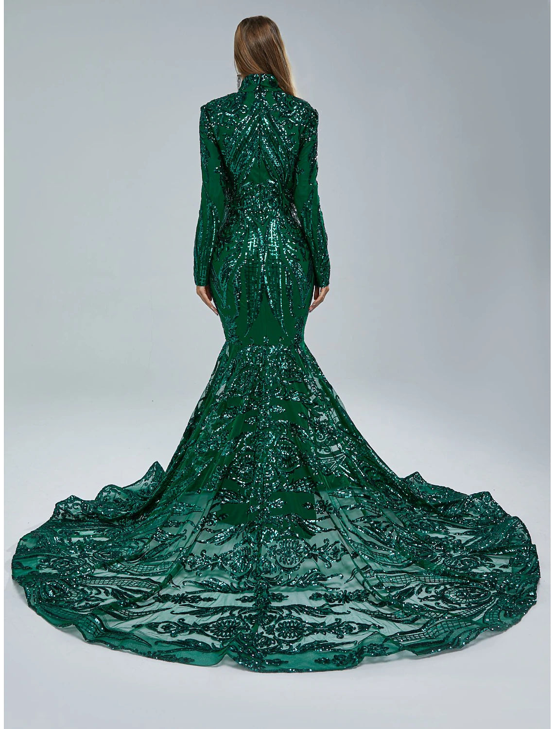 Emerald Sequin Mermaid Floor-Length Evening Dress with High Neck & Illusion Plunging V-neck