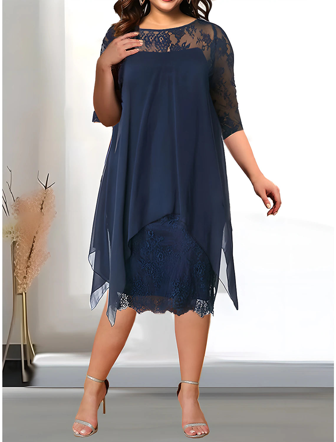 Women's Plus Size Curve Party Dress Solid Color Crew Neck Lace 3/4 Length Sleeve Spring Summer Casual Prom Dress Midi Dress Party Work Dress Lace Dress Homecoming Dress