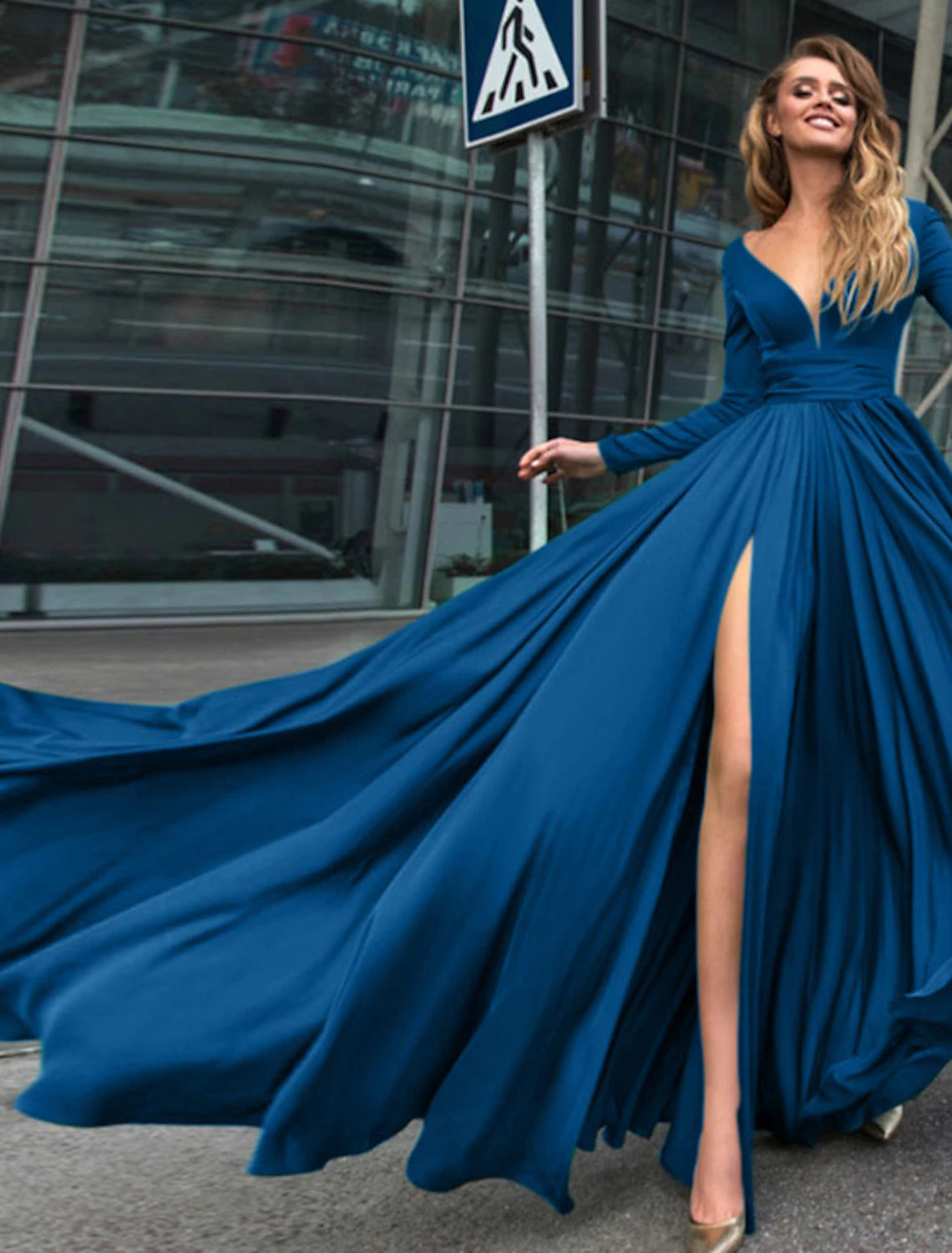 Black Chiffon A-Line Floor-Length with V-Neck & Plunging V-neck + High slit (for Evening-Party & Formal-Event)