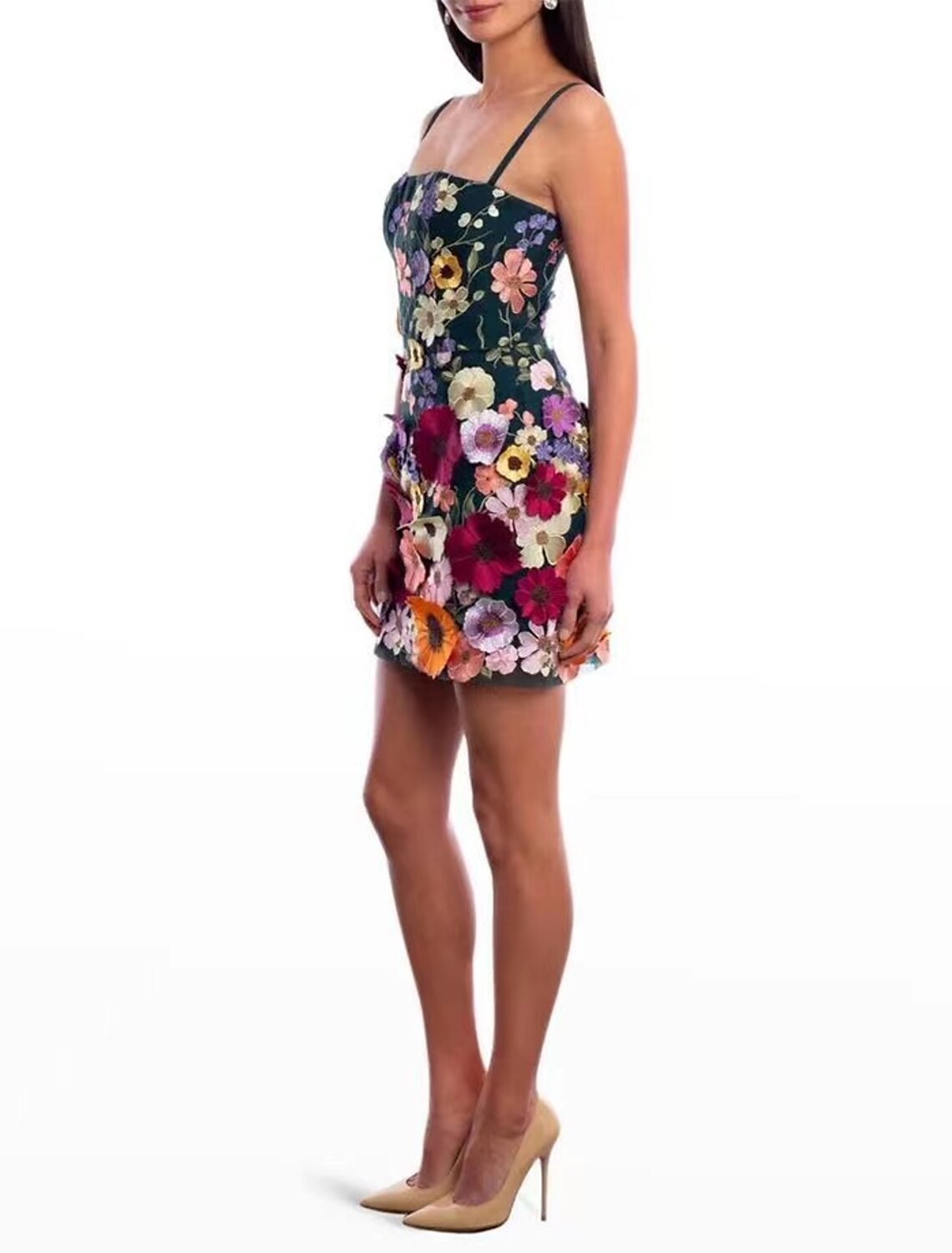 Vestido de fiesta con forma de tubo/columna, floral, para cóctel, cumpleaños, corto/mini, sin mangas, con tirantes finos, rosa, de encaje y bordado