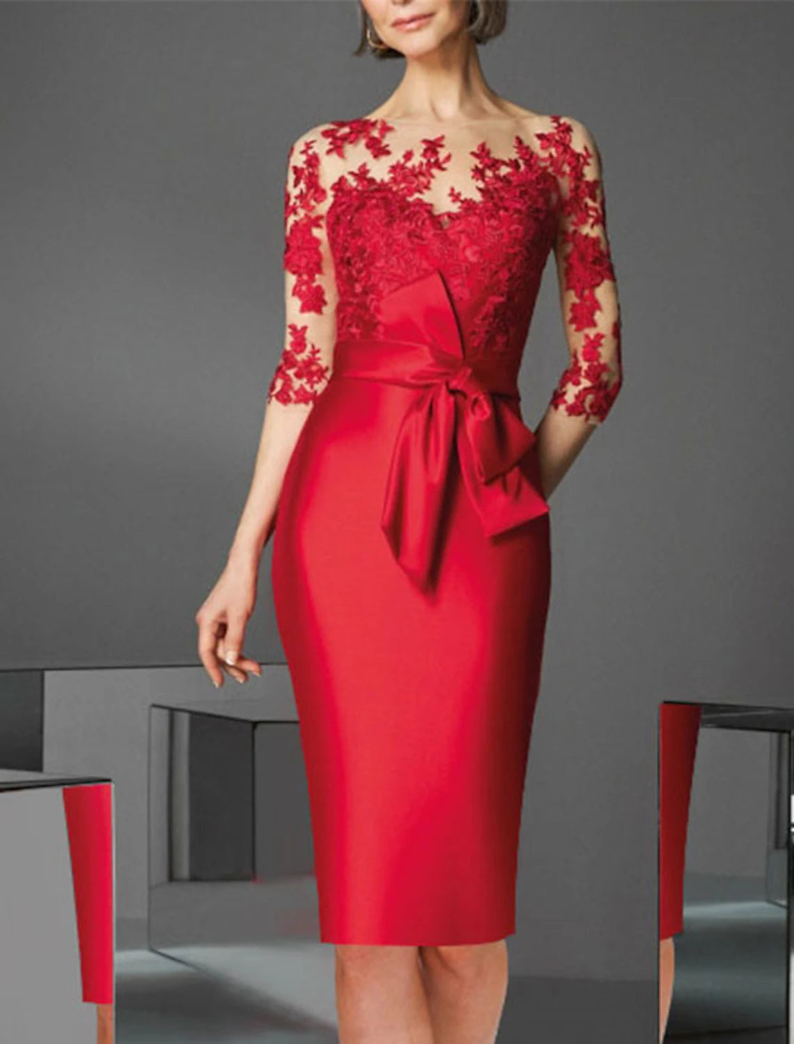 Abito da cocktail rosso verde natalizio a tubino, lussuoso, formale, lunghezza al ginocchio, manica a 3/4, spalle scoperte, per invitati a nozze, in raso con pieghe e applicazioni 2025