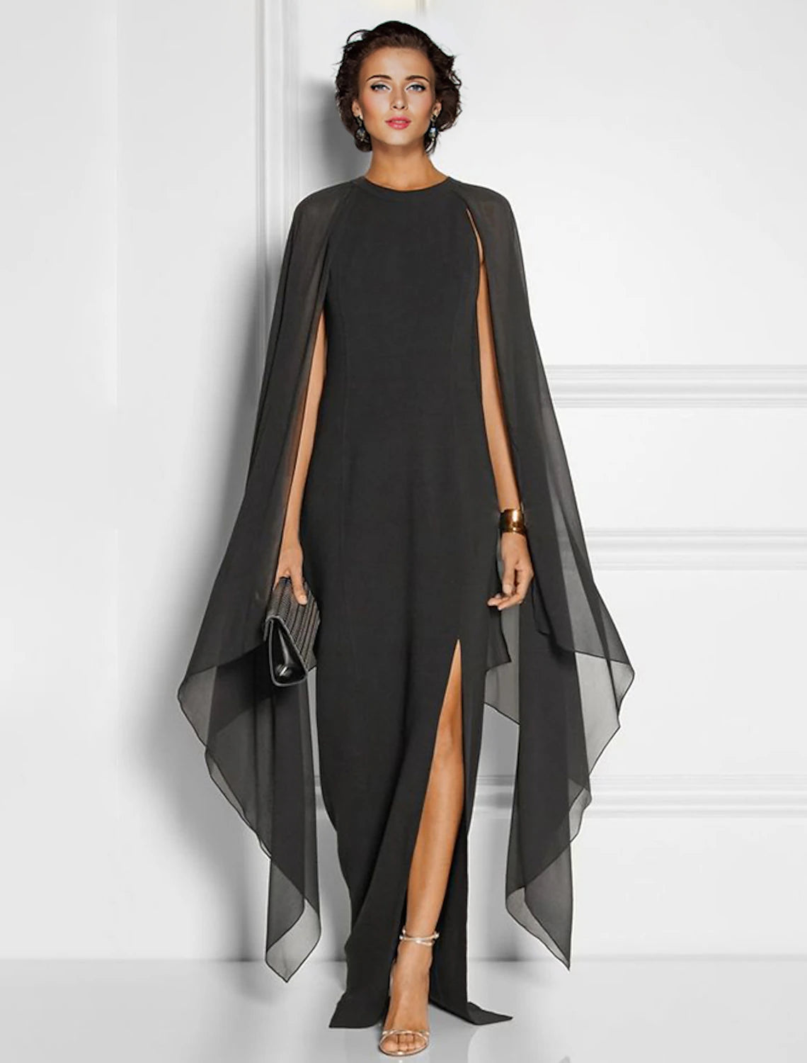 Black Crepe Sheath/column Floor-Length Evening Dress with Cape Sleeves and High Slit