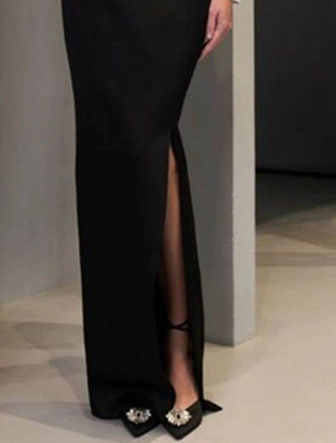 Vestido de sirena/trompeta para madre de la novia, formal, para invitada de boda, elegante, con abertura alta, escote en V, largo hasta el suelo, tela, manga larga con abertura frontal, bloque de color