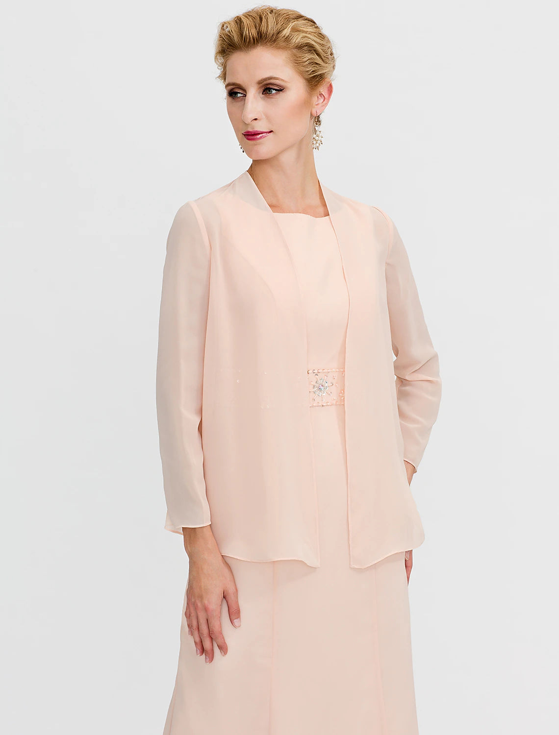 Vestido de dos piezas para madre de la novia, estilo tubo/columna, para invitada de boda, talla grande, elegante, con chaqueta, manga larga, escote redondo, largo hasta la rodilla, gasa, faja/cinta, pliegues y abalorios