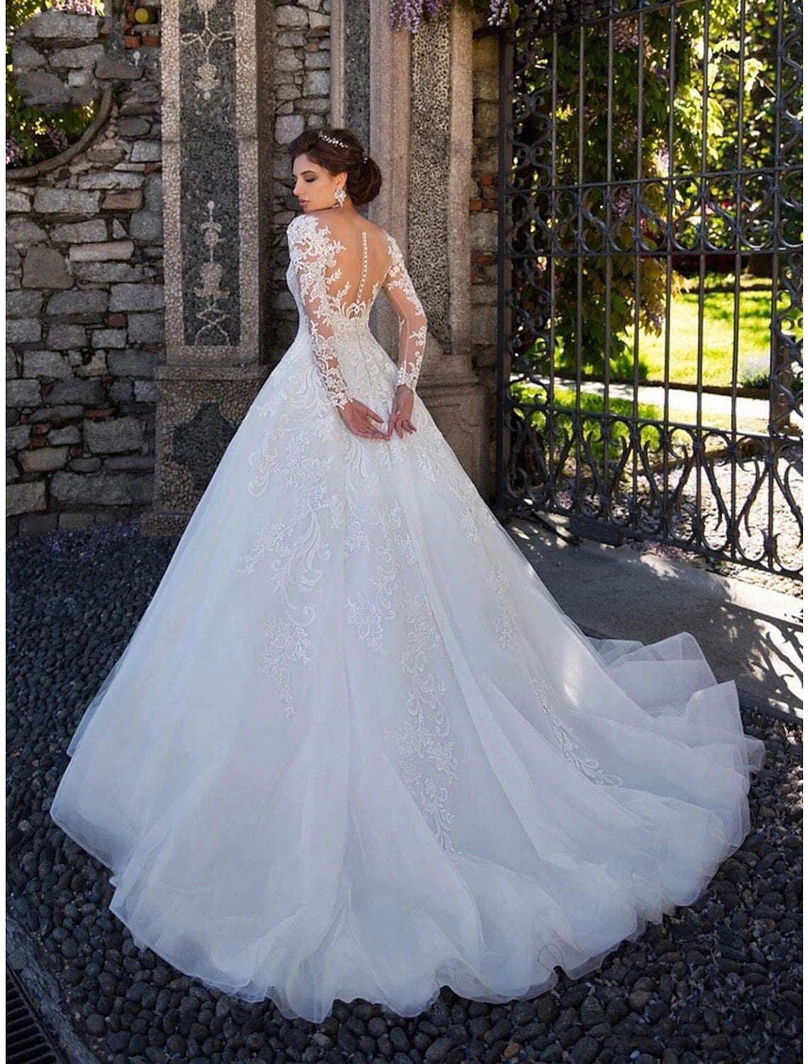 Ivory Lace Ball Gown Evening Dress with Illusion Neckline & Long Sleeves