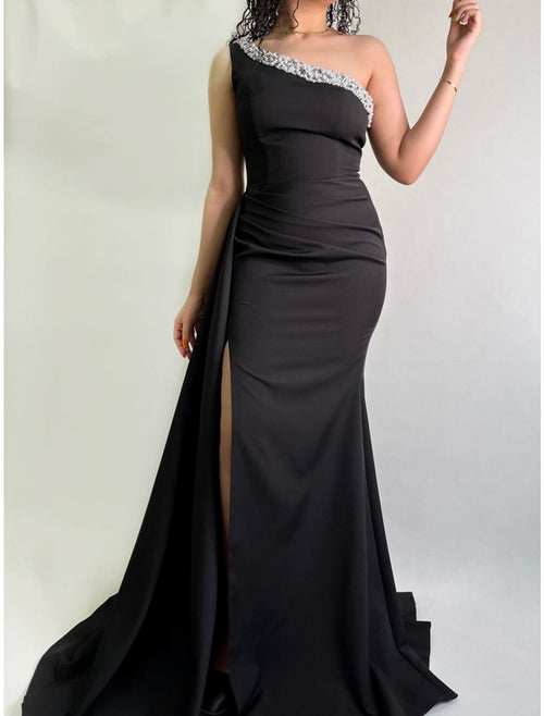 Black Crepe One Shoulder Mermaid Floor-Length Evening Dress