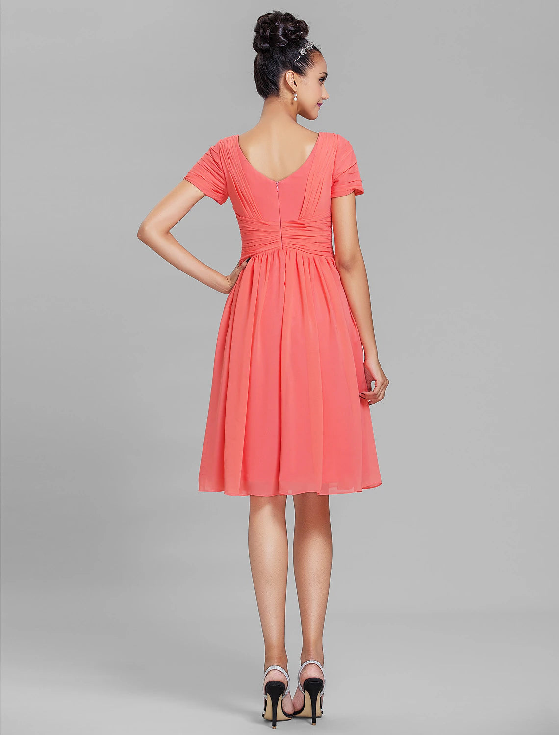 Coral V-Neck Ruched Chiffon A-Line Knee-Length Bridesmaid Dress