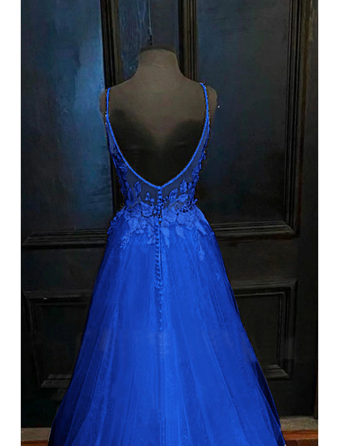 Royal Blue A-Line Sweetheart Tulle Floor-Length Evening Dress with Lace Applique Bodice
