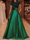 Vestido de noche elegante de corte A, vestido rojo y verde, largo hasta el suelo, manga corta, cuello alto, satén con lentejuelas