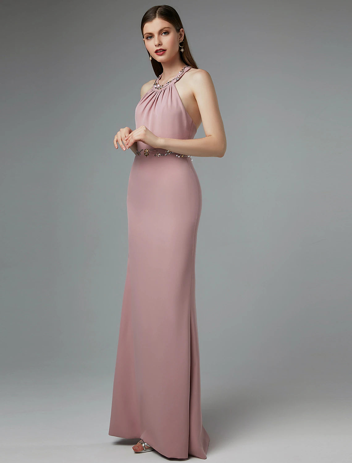 Vestido tubo/columna con espalda hermosa, para invitados de boda, graduación, largo hasta el suelo, sin mangas, cuello halter, licra, espalda cruzada con cuentas