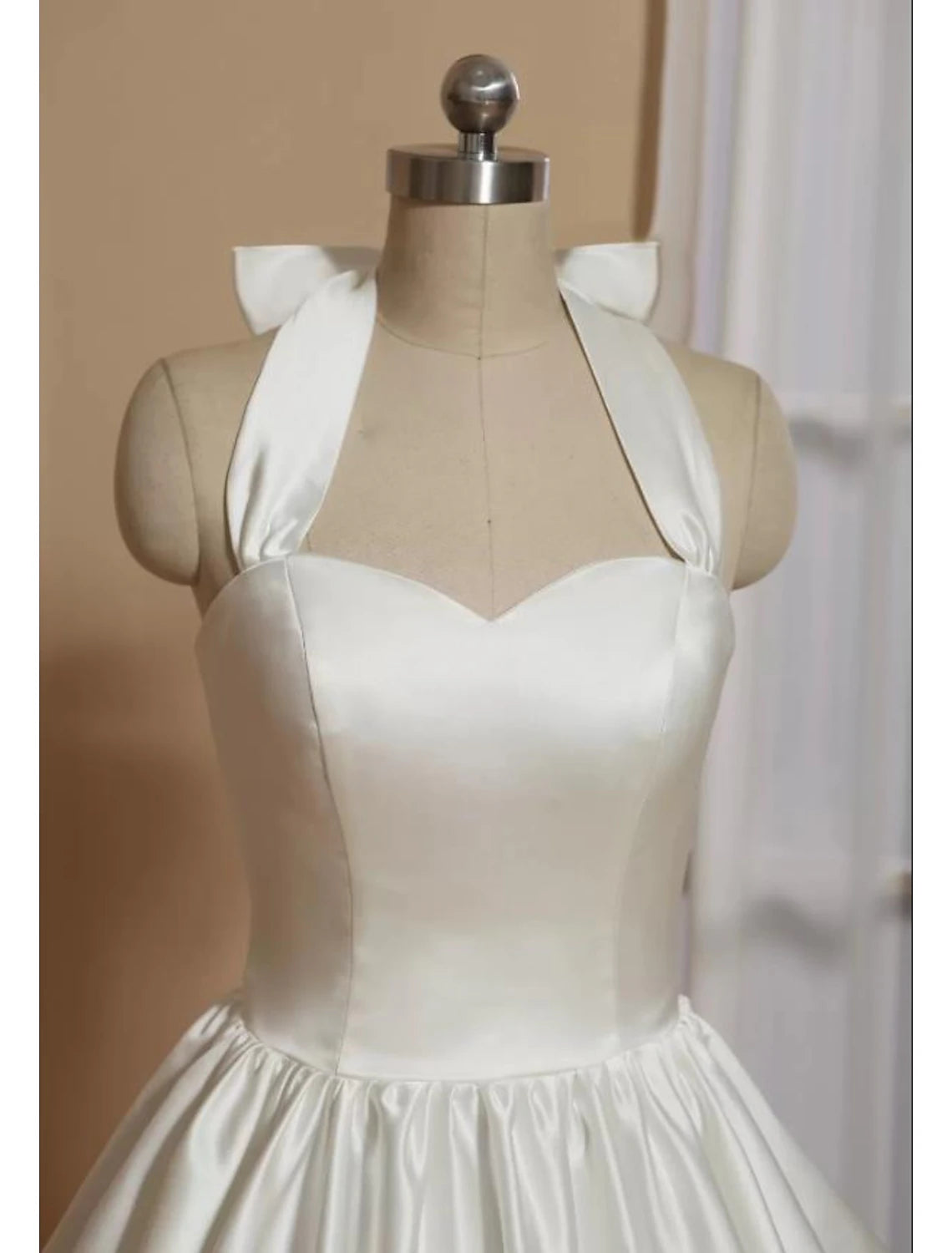 Ivory Satin A-Line Knee-Length Dress with Sweetheart Neckline and Tie Back