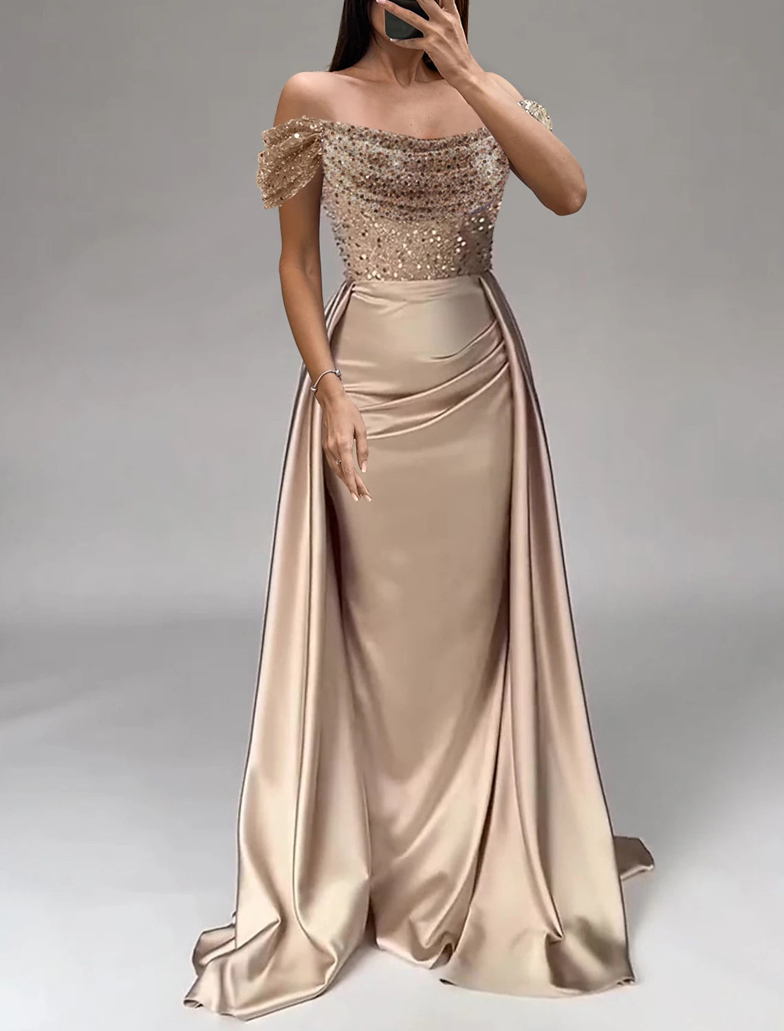 Mermaid / Trumpet Evening Gown Party Dress Wedding Prom Floor Length Short Sleeve Off Shoulder Satin with Pearls Sequin Overskirt 2025