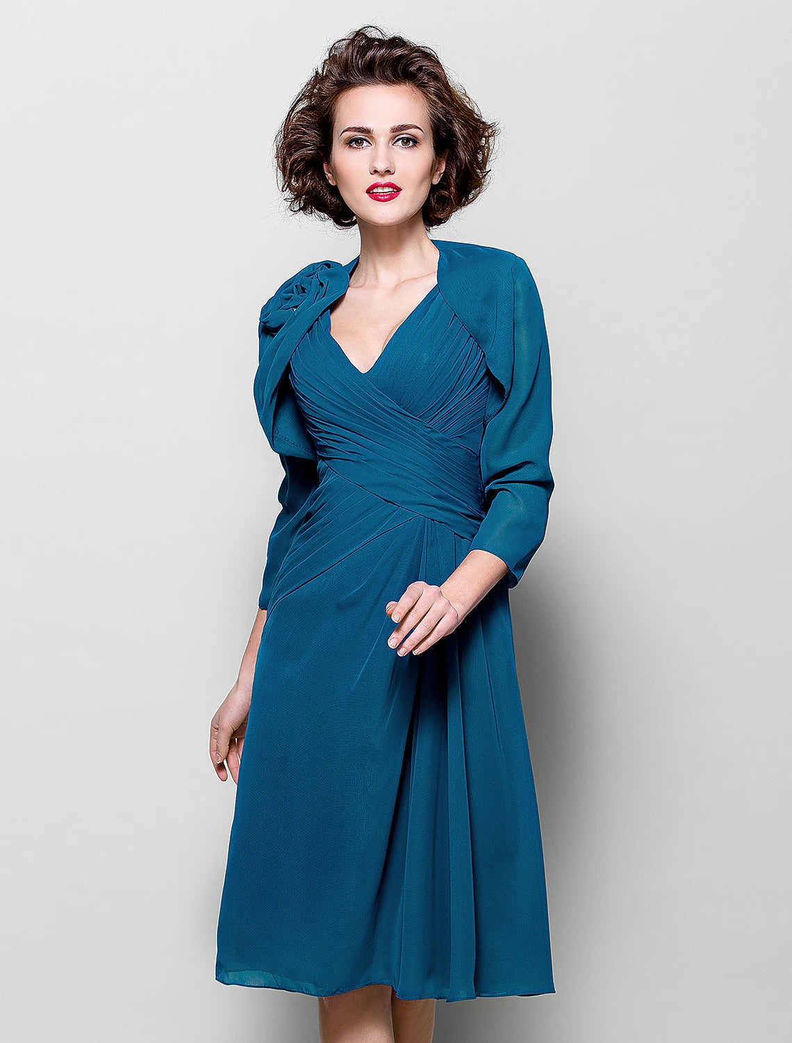 Teal Chiffon Knee-Length A-Line Evening Dress with V-Neck & Ruched Bodice + Bolero Jacket