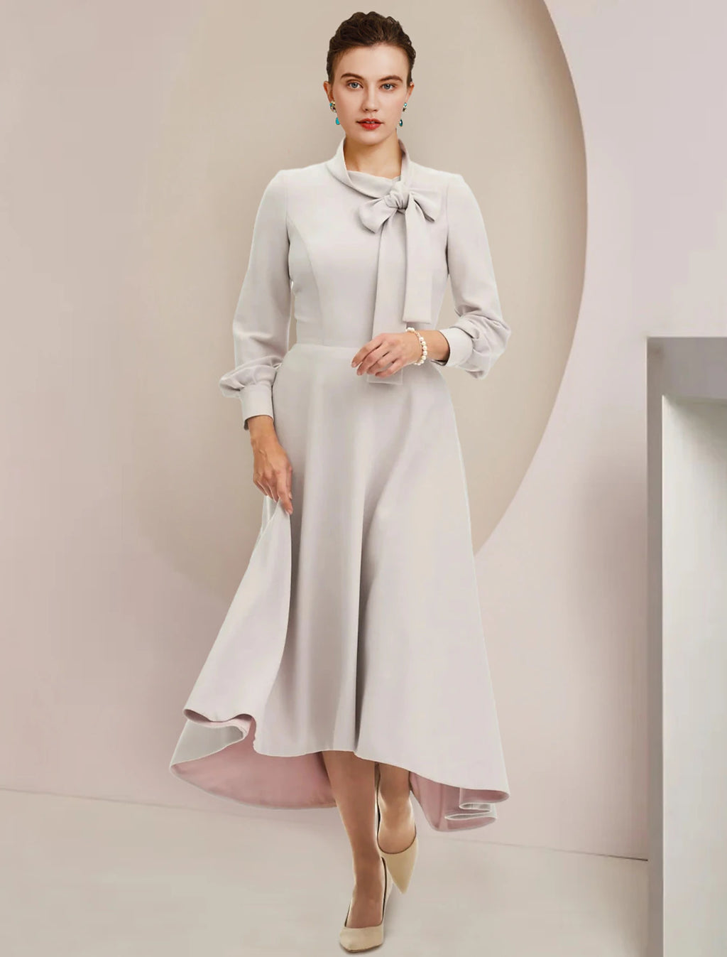 Silver Crepe A-Line High-Low Dress with Bow Tie High Neck