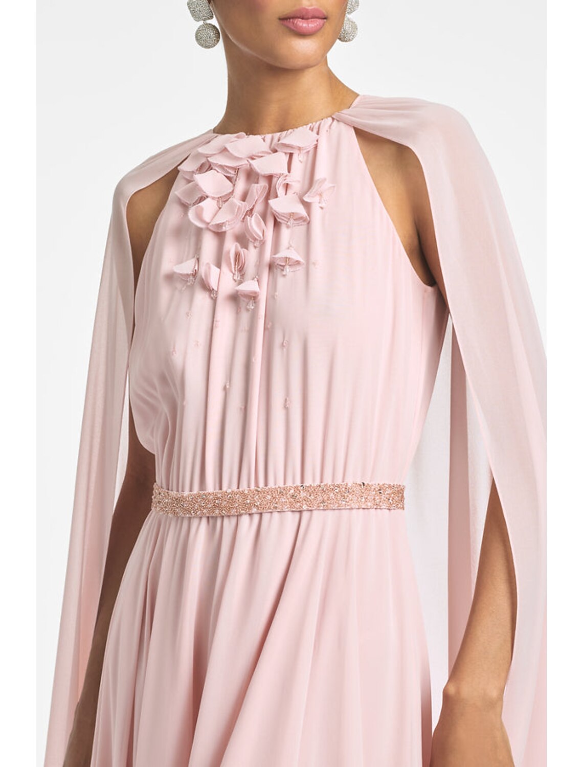 Blushing Pink Chiffon A-Line Floor-Length Dress with Pleated High Neck and Integrated Cape