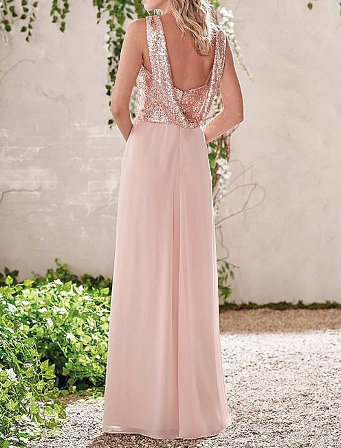 Blushing Pink Sequin Bodice Empire Waist A-Line Floor-Length Bridesmaid Dress