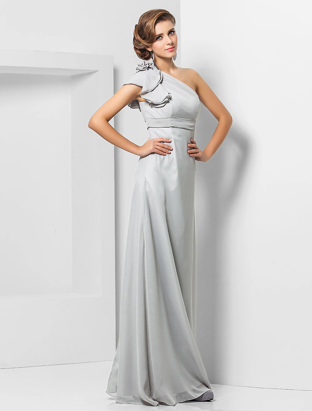 Vestido elegante de fiesta para invitados de boda, de noche, largo hasta el suelo, sin mangas, con un hombro al descubierto, de gasa, con apliques de faja o cinta.