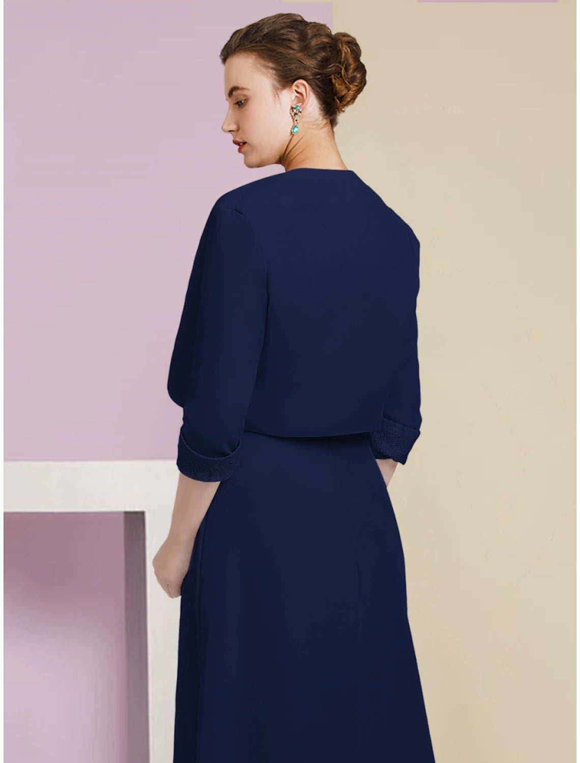 Dark Navy Chiffon Lace A-Line Tea-Length Dress with Scoop Neck and Beaded Belt