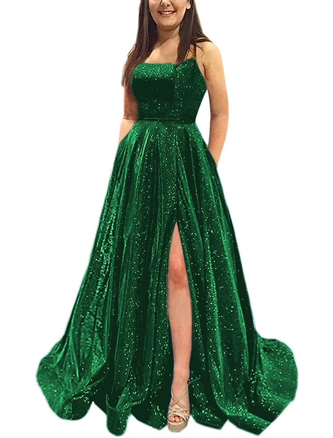 Abiti da ballo a trapezio, scintillanti e brillanti, lunghi fino al pavimento, senza maniche, senza spalline, in raso, senza schienale, con tasca a fessura